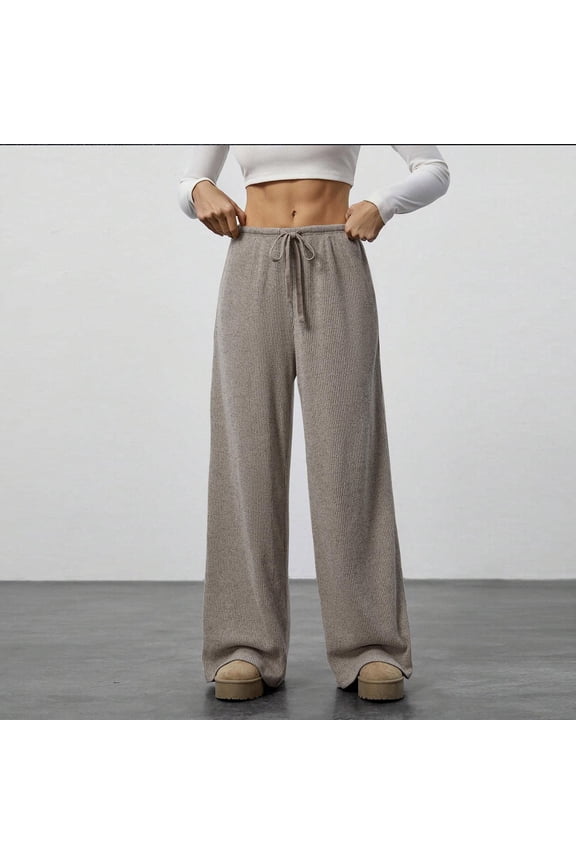 Wide Leg Ribbed Knit Lounge Pants for Women High Waisted Drawstring Palazzo Trousers Flowy Loose Sleep Bottoms Relaxed Homewear