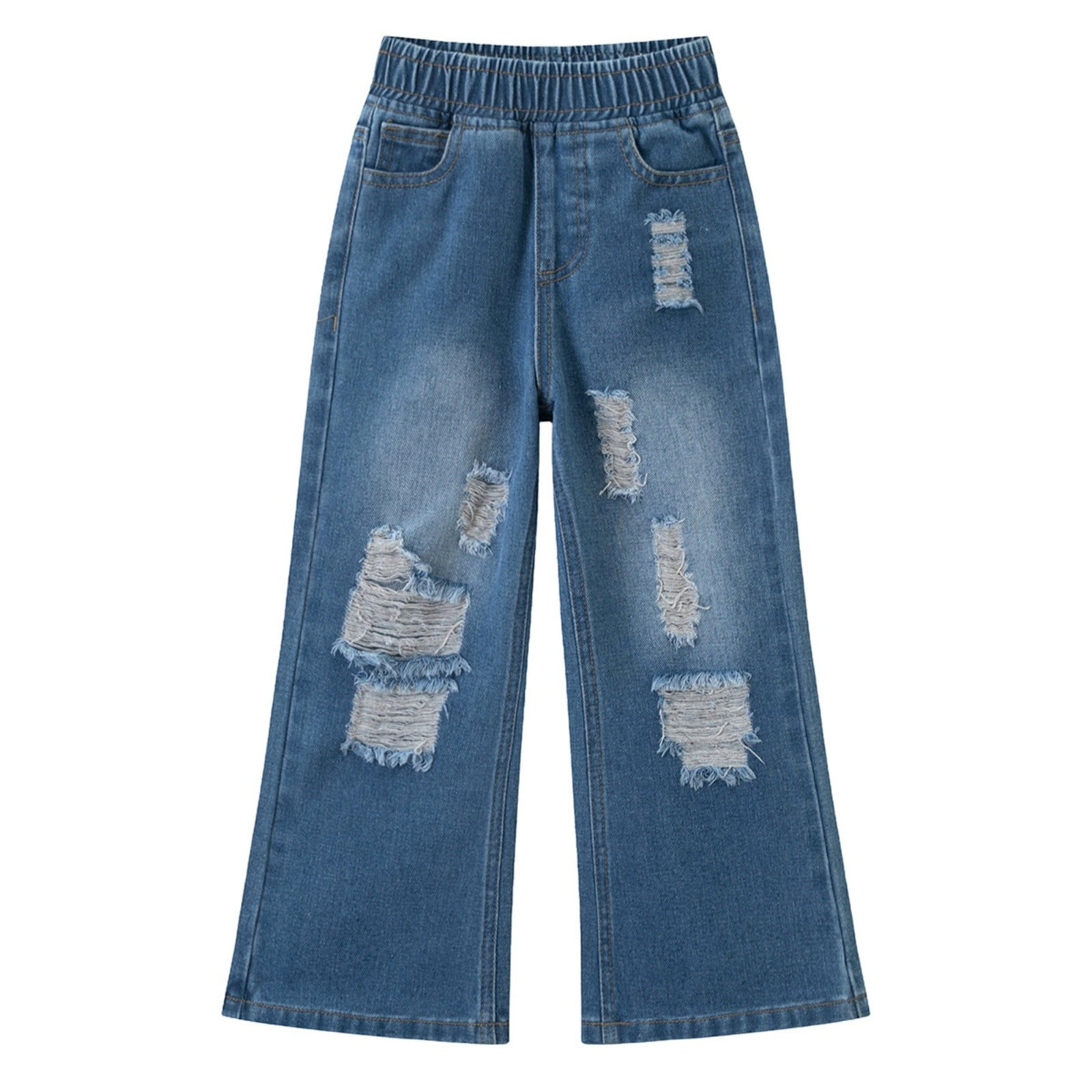 Fitted Ripped Jeans Wide Leg Ripped Jeans for Girls Loose Fit Pants With Elastic Waist and ...