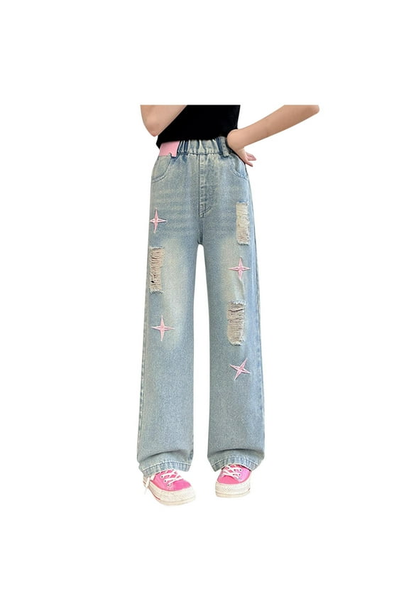 Wide Leg Ripped Jeans for Girls Loose Star Distressed Denim Jeans High Waist Pants Trousers with Pocket Blue,9 Years