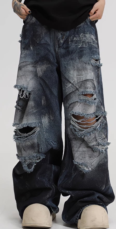 YANSHENG Wide Leg Ripped Washed Jeans