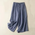 thumbnail image 1 of Wide Leg Rompers For Women Stretchy Cotton Linen Capris Mid Rise Wide Leg Capris Drawstring Elastic Waist Capri Palazzo Pants Straight Pull On Lounge Capris Casual Summer Solid Cropped Pants Blue, 1 of 6
