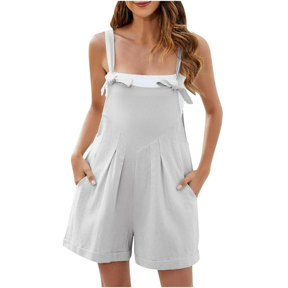Wide Leg Shorts Rompers for Women Tie Knot Strap Summer Casual Jumpsuit with 4 Pocket Sleeveless Overalls Jumpers, Gray, M