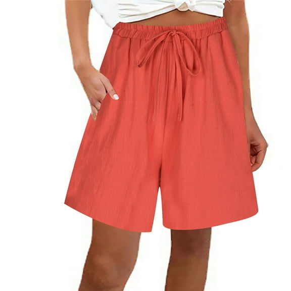 Wide Leg Shorts for Women, Loose Fitting Knee Length Bermuda Shorts, Casual Cotton Linen Elastic Waist Drawstring Shorts with Pockets Red 3XL