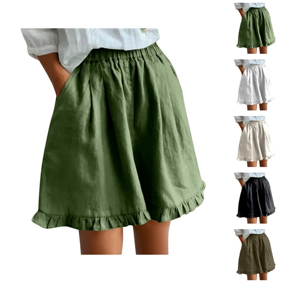 Wide Leg Shorts for Women Summer Casual Lightweight Elastic Waist Cute Ruffle Hem Loose Flowy Beach Shorts with Pockets