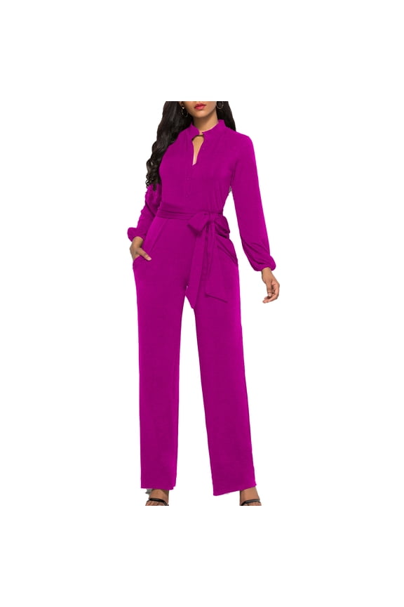 Wide Leg Sleeved Jumpsuit Casual High Waisted Tied Single Breasted Crewneck with Pockets Formal Jumpsuit for Women Rose Red S
