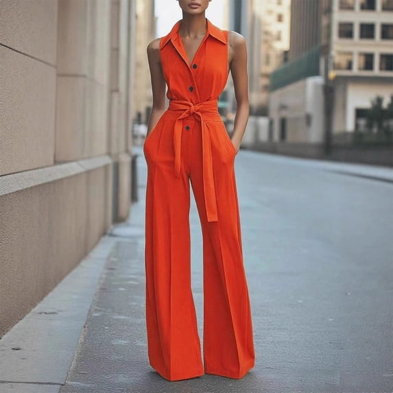 Wide Leg Sleeveless Jumpsuit for Women High Waisted Belted Romper Button Down One Piece Palazzo Trousers Elegant Business Casual Outfits