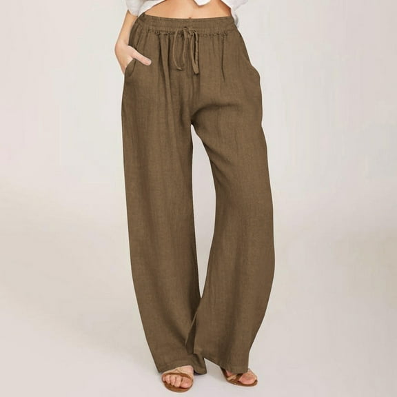 Wide Leg Slit Pants Womens Women's Cotton Linen Casual Loose Fitting Pants Drawstring Style Solid Color Slit Womens Pants