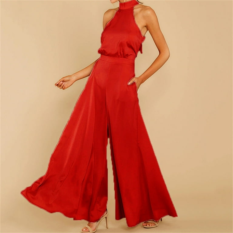 Wide Leg Solid Color Halter Neck Sleeveless High Waist Rompers