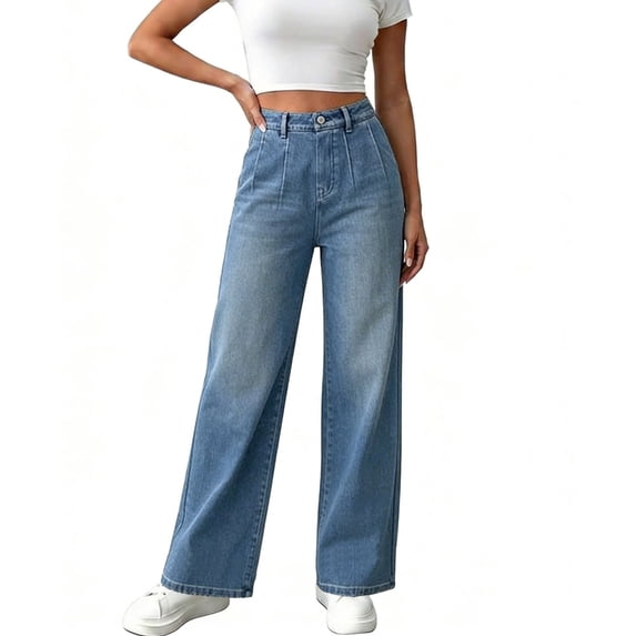 Wide Leg Straight Jeans Women Midrise Pleated Jeans Pants Casual Loose Trousers Gradient Wash Denim Pants Stretch Slim Baggy Pants Button Zipper Denim Trouser Trendy Comfy Clothes