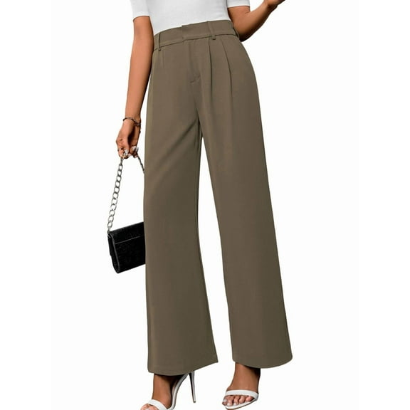Wide Leg Stretchy Work Pants Women Pull on Dress Pants High Waisted Business Casual Trousers Slacks Brown L