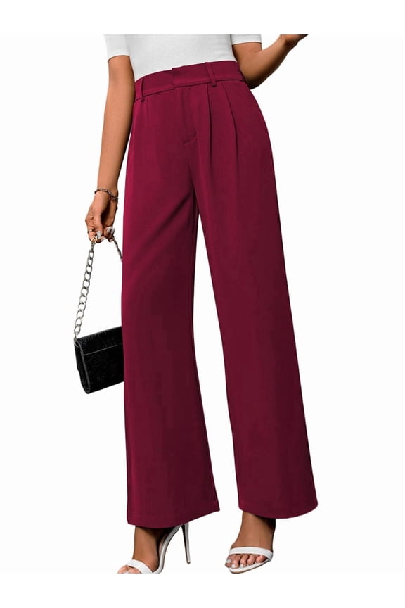 Wide Leg Stretchy Work Pants Women Pull on Dress Pants High Waisted Business Casual Trousers Slacks Wine Red M