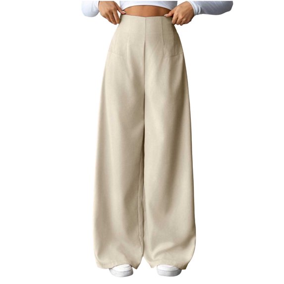 Wide Leg Suit Pants for Women High Waist Casual Relaxed Fit Side Zipped Business Dress Solid Color Trousers (L, Beige)