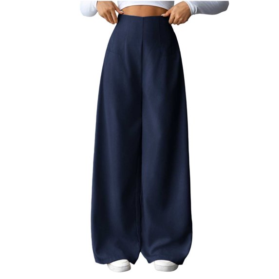 Wide Leg Suit Pants for Women High Waist Casual Relaxed Fit Side Zipped Business Dress Solid Color Trousers (S, Blue)