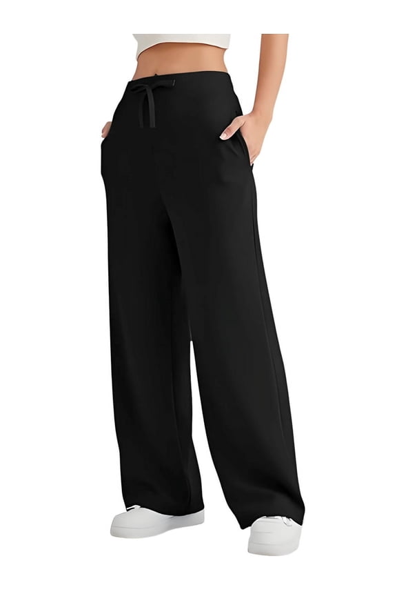Wide Leg Sweat Pants for Womens High Waisted Baggy Sweatpants Casual Drawstring Workout Pants with Pockets Black XXL