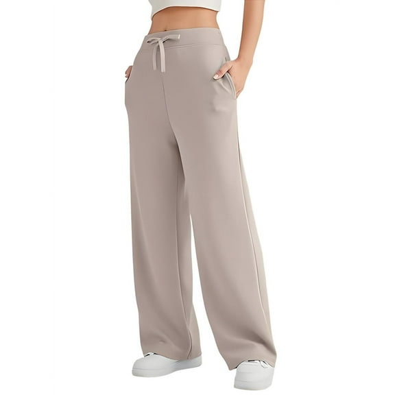 Wide Leg Sweat Pants for Womens High Waisted Baggy Sweatpants Casual Drawstring Workout Pants with Pockets Khaki L