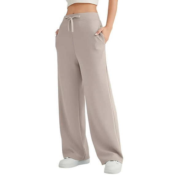 Wide Leg Sweat Pants for Womens High Waisted Baggy Sweatpants Casual Drawstring Workout Pants with Pockets Khaki M