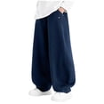 thumbnail image 1 of Wide Leg Sweatpants For Kids Elastic Waist Solid Color Trousers Casual Loose Stylish Versatile Pants With Pockets (5-6 Years, Navy), 1 of 6