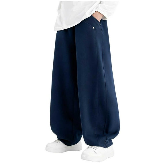 Wide Leg Sweatpants For Kids Elastic Waist Solid Color Trousers Casual Loose Stylish Versatile Pants With Pockets (5-6 Years, Navy)