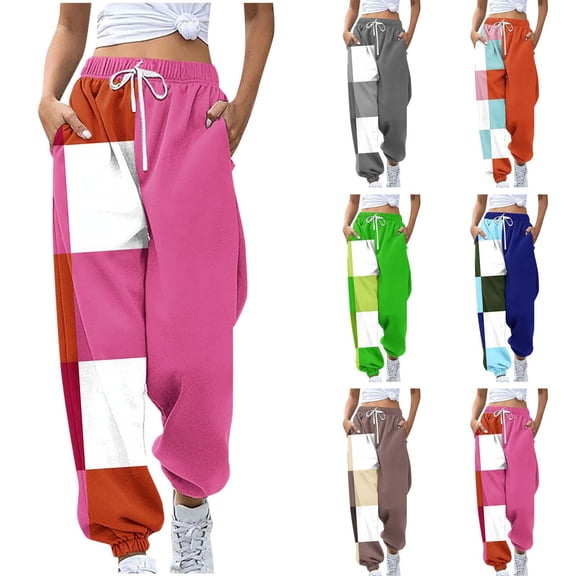 Wide Leg Sweatpants For Women Casual Color Blocked Printed Drawstring Loose Joggers Pants (S)