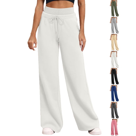 Wide Leg Sweatpants For Women Casual Solid Casual Elastic Waist Full Length White Joggers Pants (XL)
