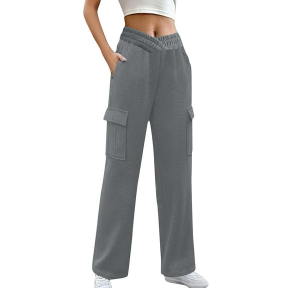 Wide Leg Sweatpants For Women Solid Color Drawstring With Pockets Ankle Binding Work Gray Joggers Pants (L)