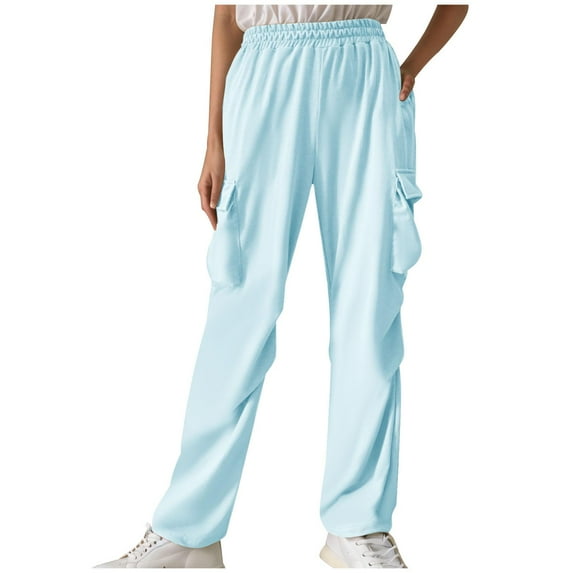 Wide Leg Sweatpants For Women Solid Color Pleated Elastic Waistband Pocket Sports Casual Light Blue Joggers Pants (S)