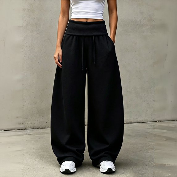 Wide Leg Sweatpants For Women Solid Tone Fold Over Waistband Pants Adjustable Drawstring Relaxed Fit Casual Sport Trousers