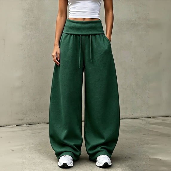 Wide Leg Sweatpants For Women Solid Tone Fold Over Waistband Pants Adjustable Drawstring Relaxed Fit Casual Sport Trousers