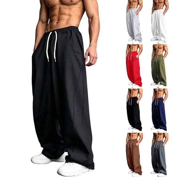 Wide Leg Sweatpants Men Wide Leg Sweat Drawstring Elastic Waist Vintage Loose Long With Pocket Simple Basic Style