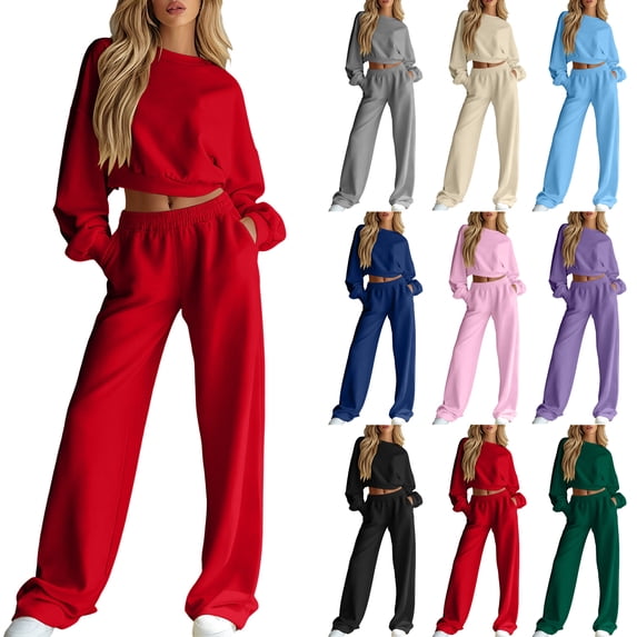 Wide Leg Sweatpants Sets for Women 2 Piece Outfit,Cropped Crew Neck Sweatshirt and High Waist Pant with Pockets,Solid Color Casual Tracksuit Loungewear Set