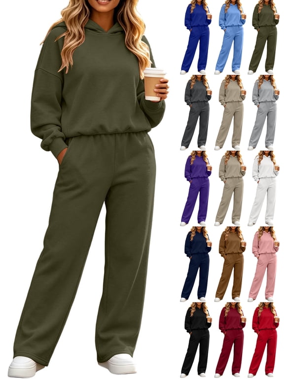 Wide Leg Sweatpants Sets for Women 2 Piece Outfit,Long sleeves Hoodie,High Waist Pants,with Pockets,Solid Color Casual Sets,Fall Tracksuit,Spring Casual Outfits