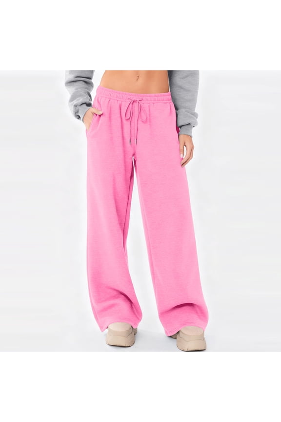 Wide Leg Sweatpants Women Baggy Comfy Fleece Low Rise Sweatpants Soft Drawstring Yoga Pants with Pockets Cute Joggers Pink L