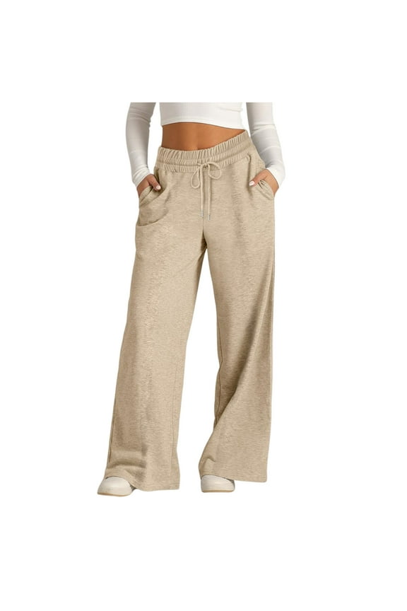 Wide Leg Sweatpants Women Baggy Cotton Joggers with Pockets Petite Low Rise Palazzo Track Pant Loose Fit Trousers Khaki M