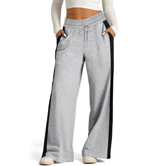Wide Leg Sweatpants Women Baggy Lounge Side Stripe Joggers with Pockets Petite High Rise Pant Loose Fit Trousers Gray XL