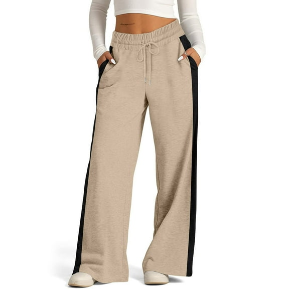 Wide Leg Sweatpants Women Baggy Lounge Side Stripe Joggers with Pockets Petite High Rise Pant Loose Fit Trousers Khaki M