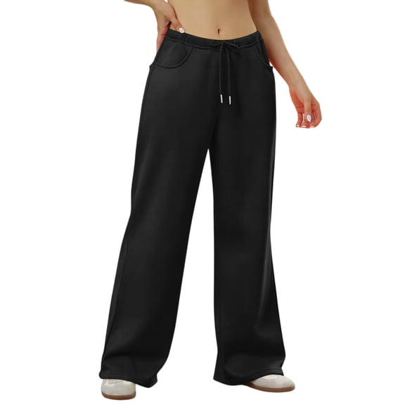 Wide Leg Sweatpants Women Baggy Low Rise Sweatpants with Pockets Winter Y2K Drawstring Straight Leg Sweatpant Black L