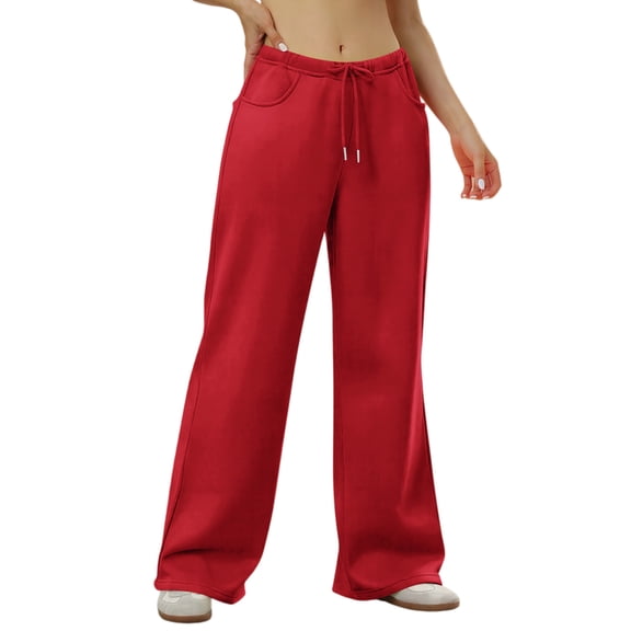 Wide Leg Sweatpants Women Baggy Low Rise Sweatpants with Pockets Winter Y2K Drawstring Straight Leg Sweatpant Red L
