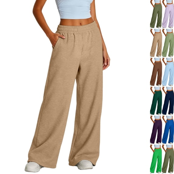 Wide Leg Sweatpants Women Baggy Straight Leg Joggers with Pockets Soft Fleece Sweat Pants Camel L