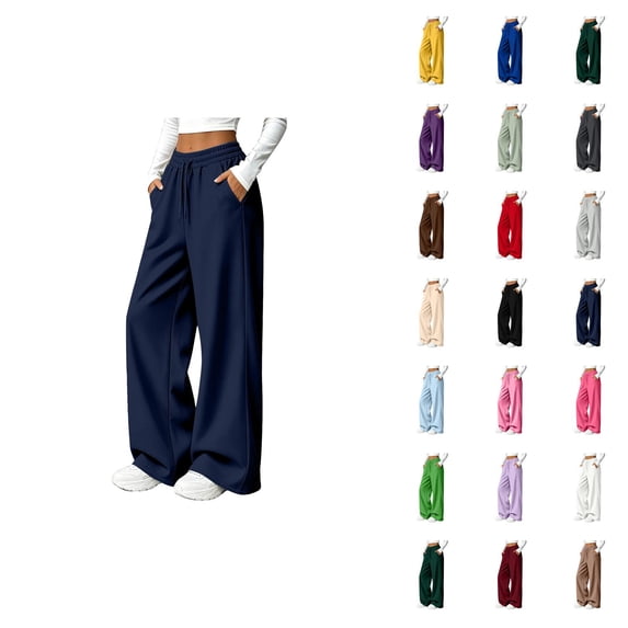 Wide Leg Sweatpants Women Fall Winter Mid Weight Solid Color Elastic High Waist Straight Leg Casual Pants with Pockets