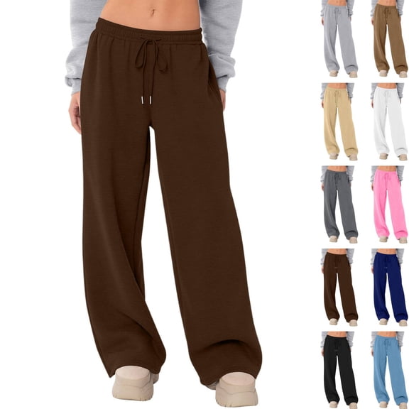 Wide Leg Sweatpants Women Fleece Lined High Waisted Baggy Joggers Drawstring Casual Lounge Pants Cozy Spring Sweatpants for Women Fall Coffee M
