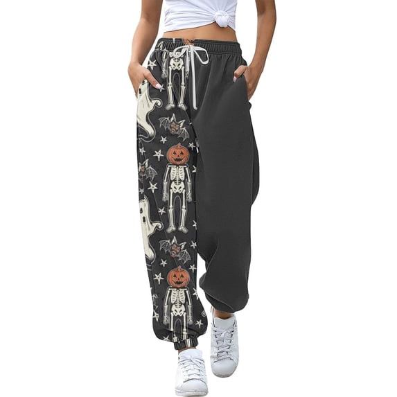 Wide Leg Sweatpants Women Halloween Ghost Pumpkin Printed High Elastic Waisted Drawstring Jogger Trousers with Pockets Comfy Athletic Track Pants