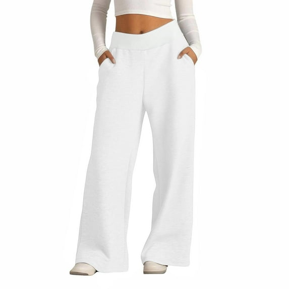 Wide Leg Sweatpants Women High Waist Pull On Casual Pants with Pockets Solid Color Seamless Waistband Comfy Stretch Sweatpants