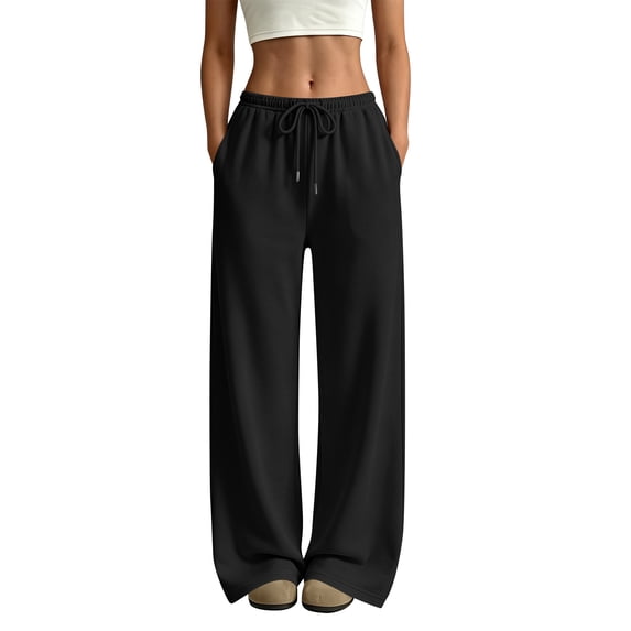 Wide Leg Sweatpants Women Low Rise Baggy Sweatpants Y2K Drawstring Cotton Lounge Pants Womens Fall Fashion Black L