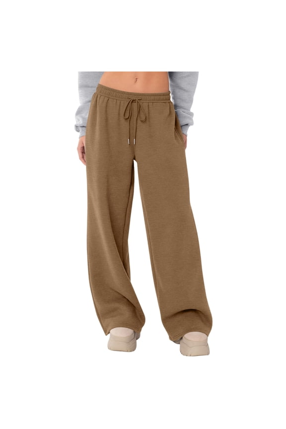 Wide Leg Sweatpants Women Low Rise Fleece Lined Sweat Pants Drawstring Baggy Trendy Workout Joggers Khaki M