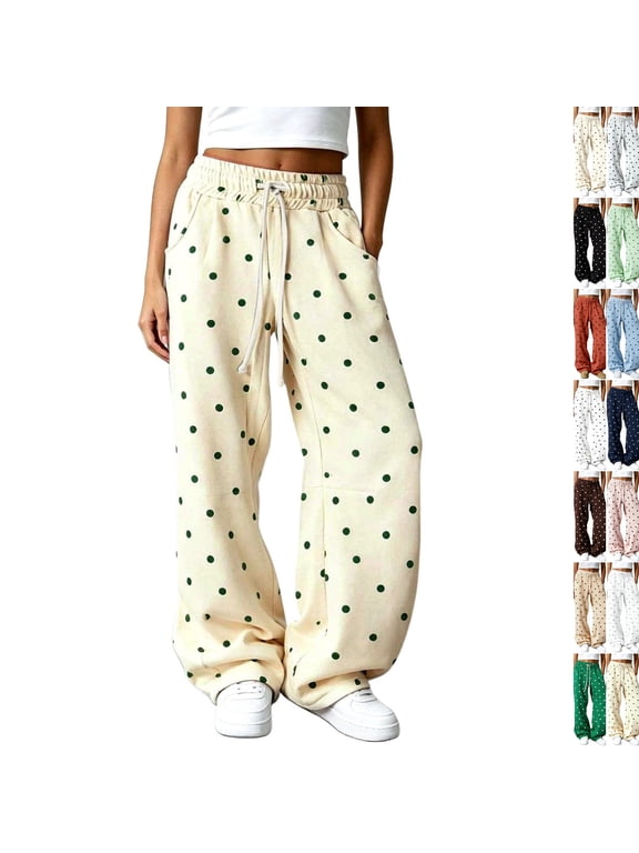 Wide Leg Sweatpants Women Polka Dot Y2K Baggy Sweat Pants Fall Lounge Pants Baggy Sweatpants,Lightweight, Casual, Adjustable Drawstring, Lounge Wear, Trendy with Pockets Yellow 2XL
