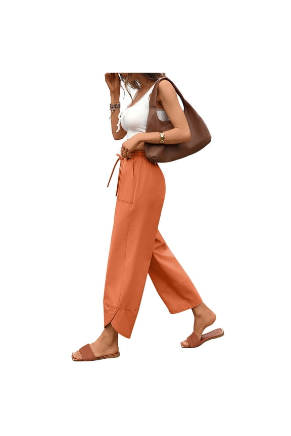 Wide Leg Sweatpants Women Womens Baggy Wide Leg Pants Drawstring Elastic Waisted Casual Cotton Linen Summer Beach Trousers Orange M