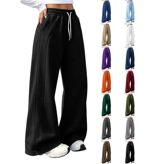 Wide Leg Sweatpants Women Zaewscy Women Fleece Lined Wide Leg Sweatpants Elastic Drawstring High Waist Casual Loose Trousers with Side Pockets Black XL
