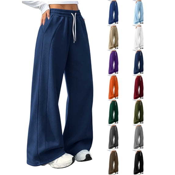 Wide Leg Sweatpants Women Zaewscy Women Fleece Lined Wide Leg Sweatpants Elastic Drawstring High Waist Casual Loose Trousers with Side Pockets Navy S