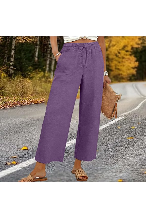 Wide Leg Sweatpants Womens Casual Linen Loose High Waist Beach Haren Pants with Pockets