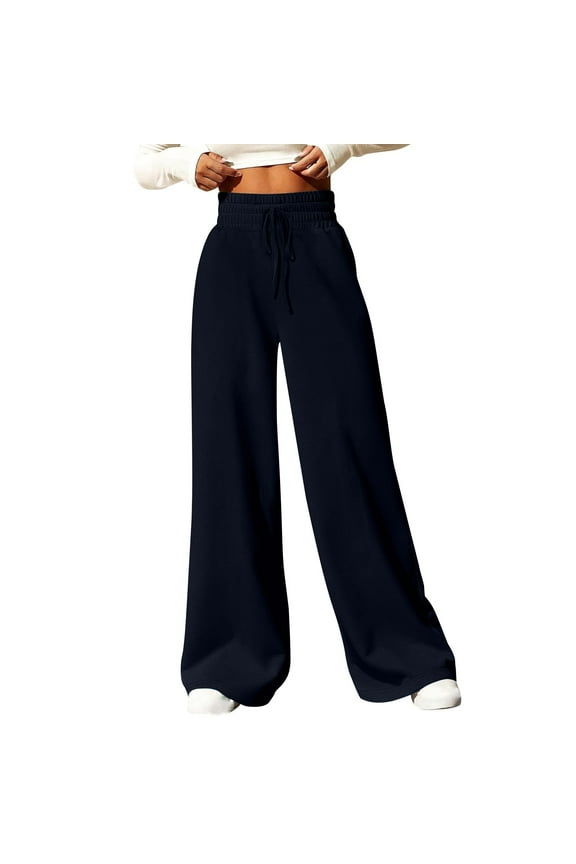 Wide Leg Sweatpants Womens Comfy Cotton Elastic Waist Drawstring Jogging Lounge Trouser Pants with Pockets (XL, Navy)